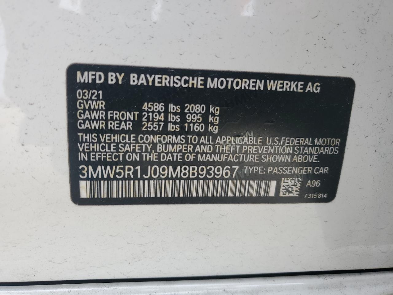 2021 BMW 330I VIN: 3MW5R1J09M8B93967 Lot: 91010295