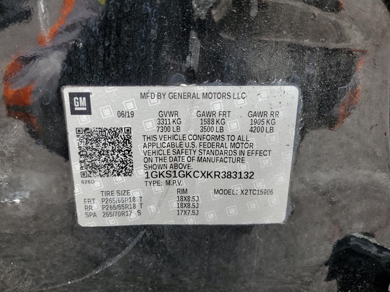 2019 GMC Yukon Xl C1500 Slt VIN: 1GKS1GKCXKR383132 Lot: 92465655