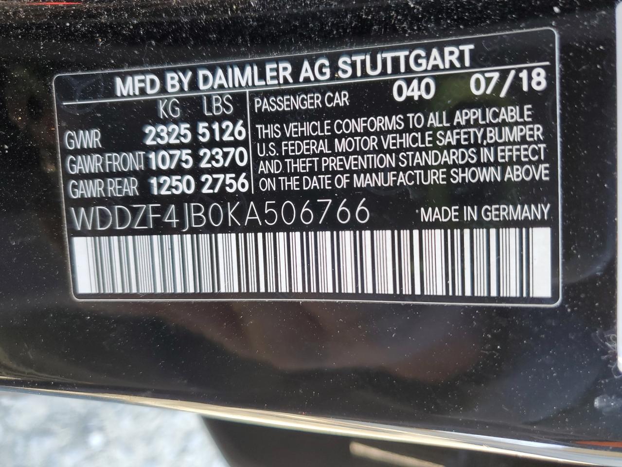 2019 Mercedes-Benz E 300 VIN: WDDZF4JB0KA506766 Lot: 91390045