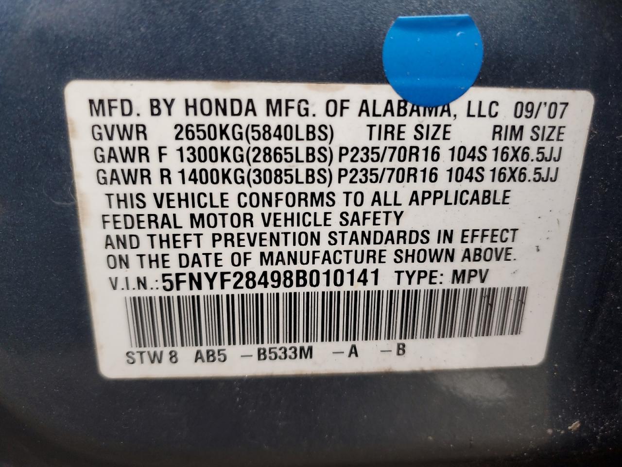 2008 Honda Pilot Ex VIN: 5FNYF28498B010141 Lot: 93022375