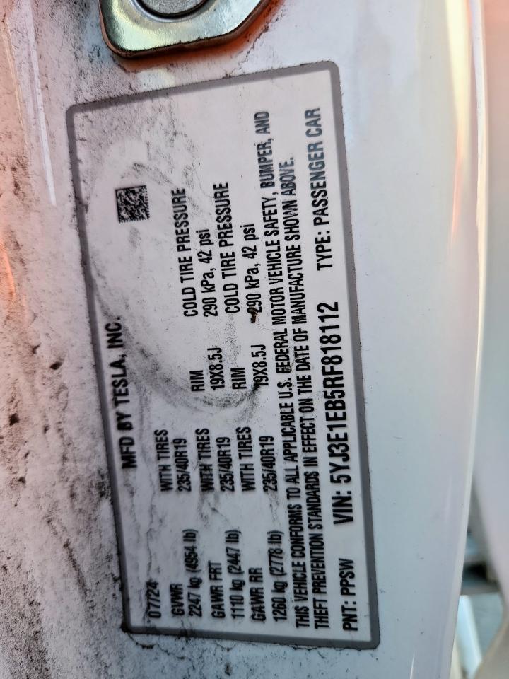 2024 Tesla Model 3 VIN: 5YJ3E1EB5RF818112 Lot: 92675995