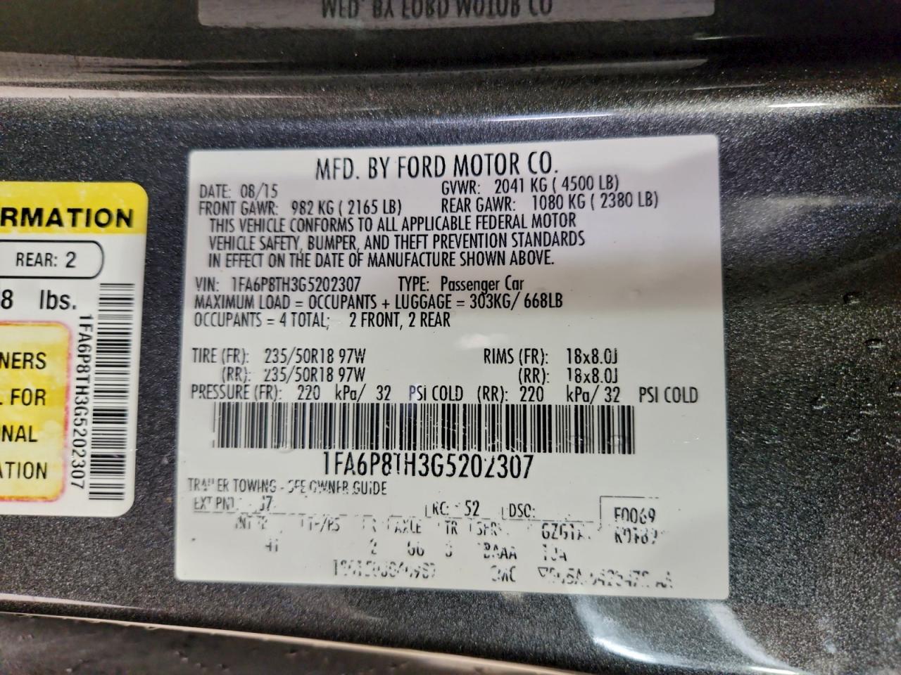 2016 Ford Mustang VIN: 1FA6P8TH3G5202307 Lot: 93311415