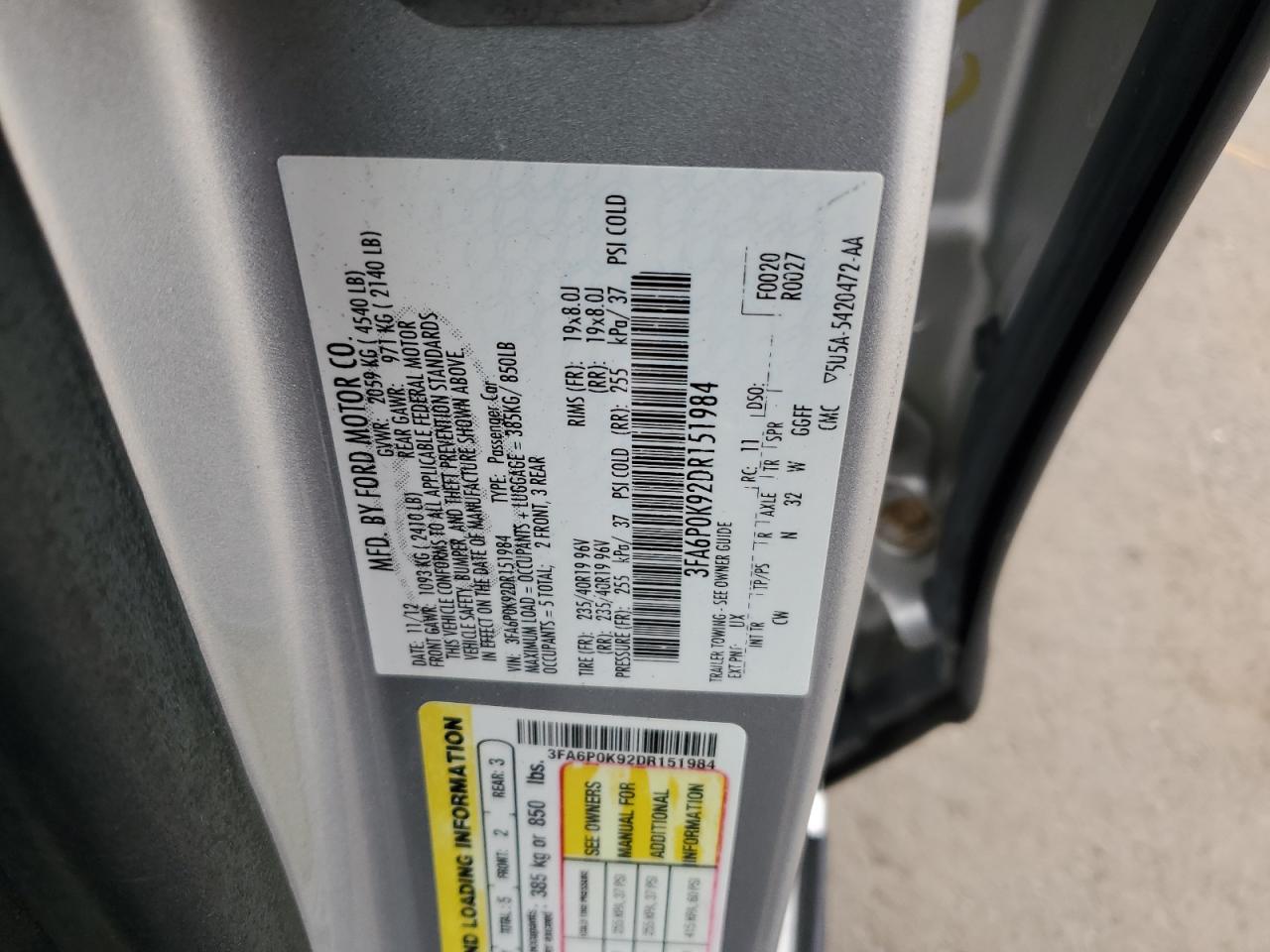 2013 Ford Fusion Titanium VIN: 3FA6P0K92DR151984 Lot: 91059405