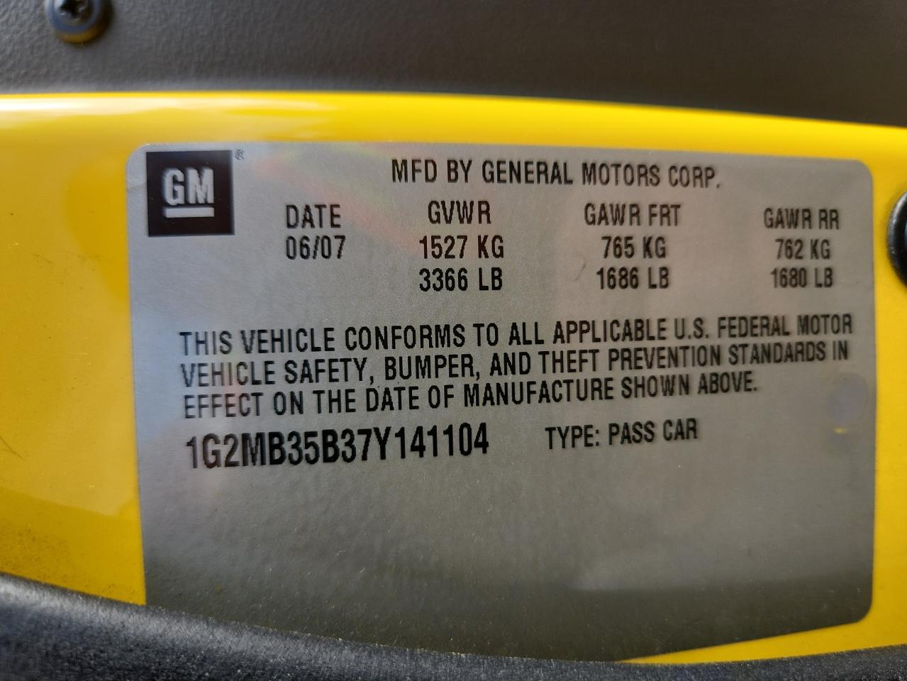 2007 Pontiac Solstice VIN: 1G2MB35B37Y141104 Lot: 91856895