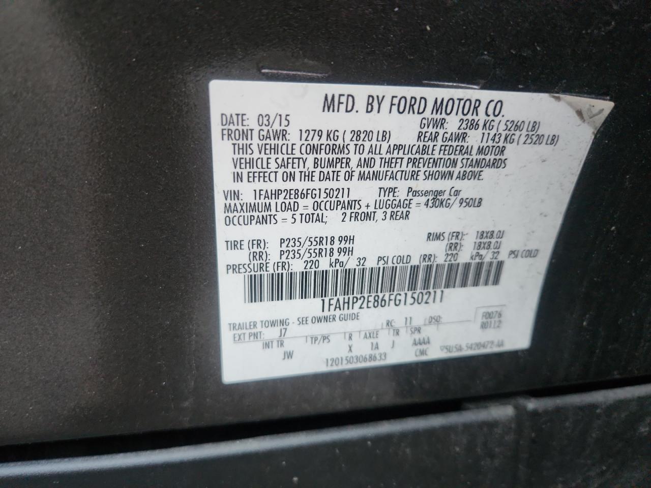 2015 Ford Taurus Sel VIN: 1FAHP2E86FG150211 Lot: 91772845