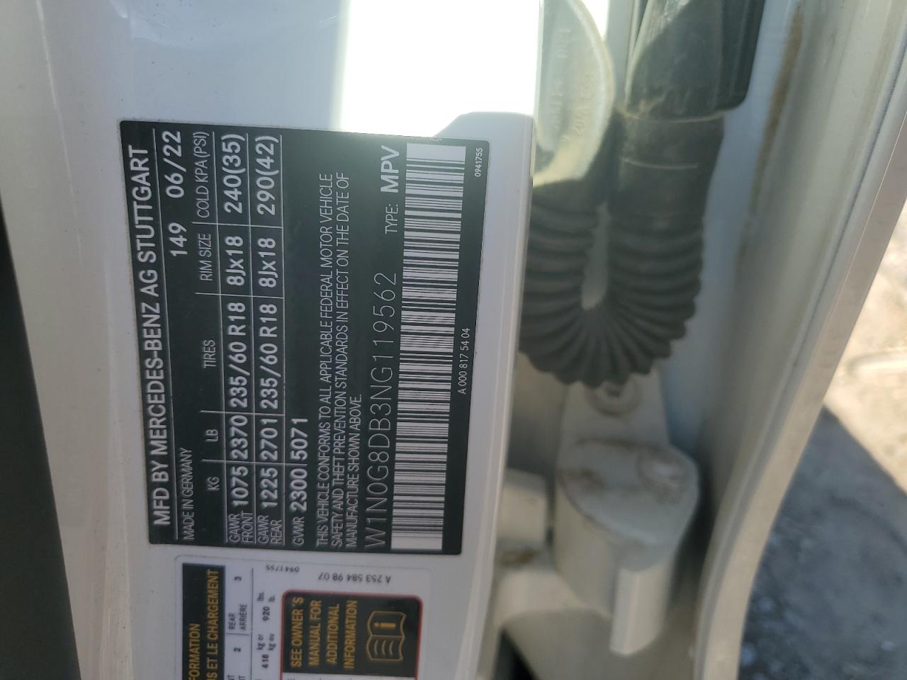 2022 Mercedes-Benz Glc 300 VIN: W1N0G8DB3NG119562 Lot: 91920695