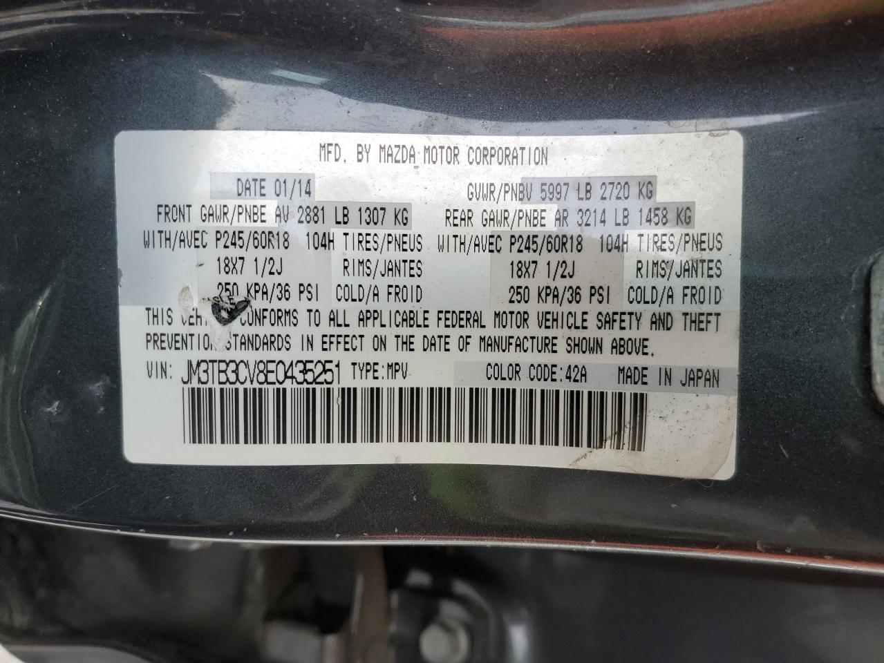 2014 Mazda Cx-9 Touring VIN: JM3TB3CV8E0435251 Lot: 91786425