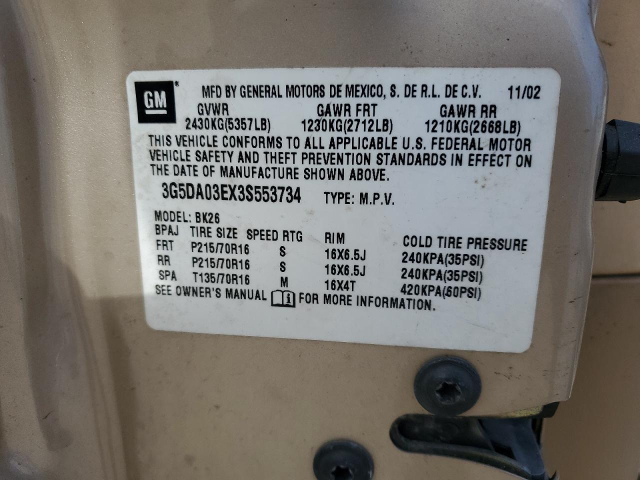 2003 Buick Rendezvous Cx VIN: 3G5DA03EX3S553734 Lot: 91598445