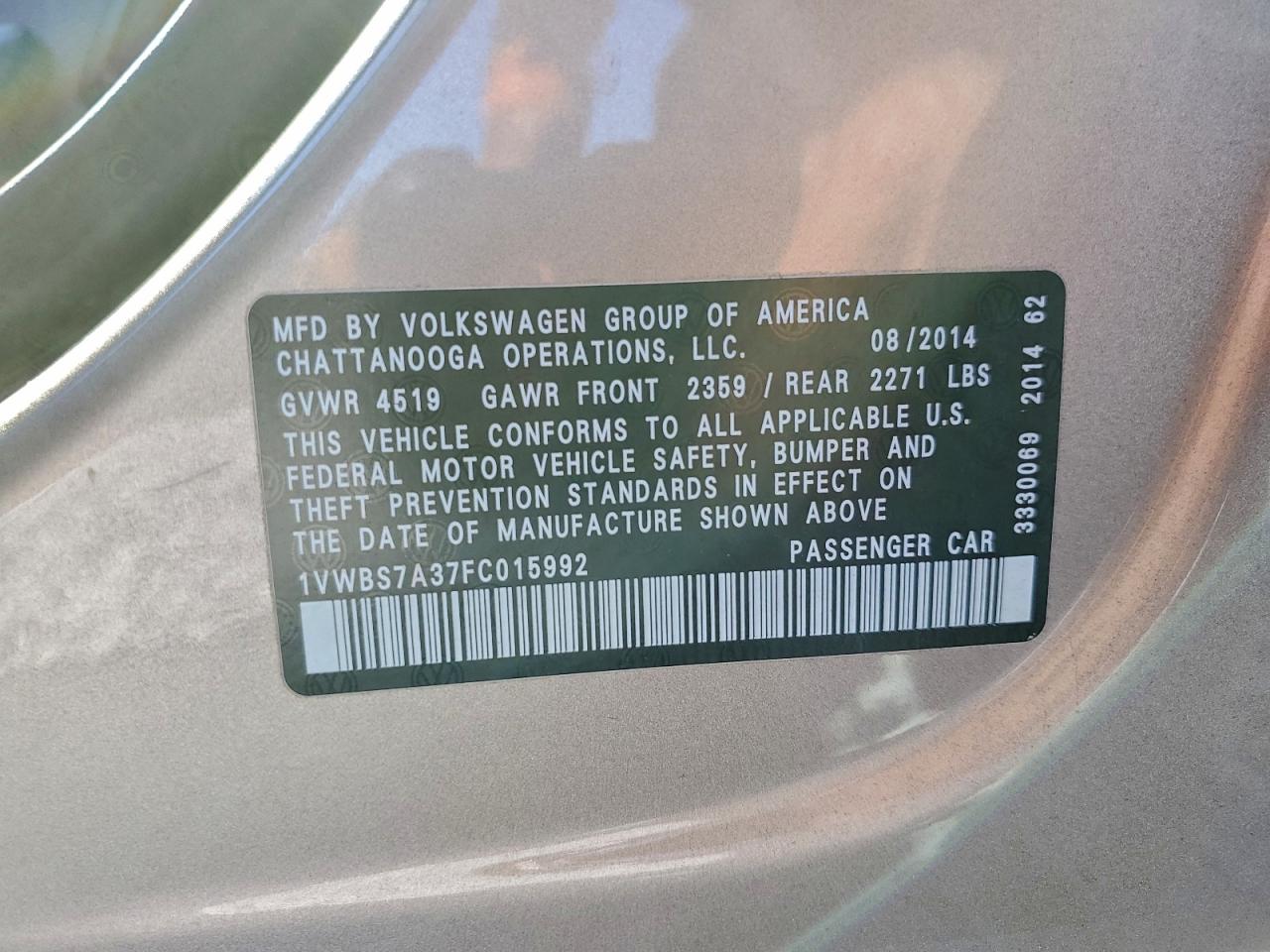 2015 Volkswagen Passat Se VIN: 1VWBS7A37FC015992 Lot: 93832365