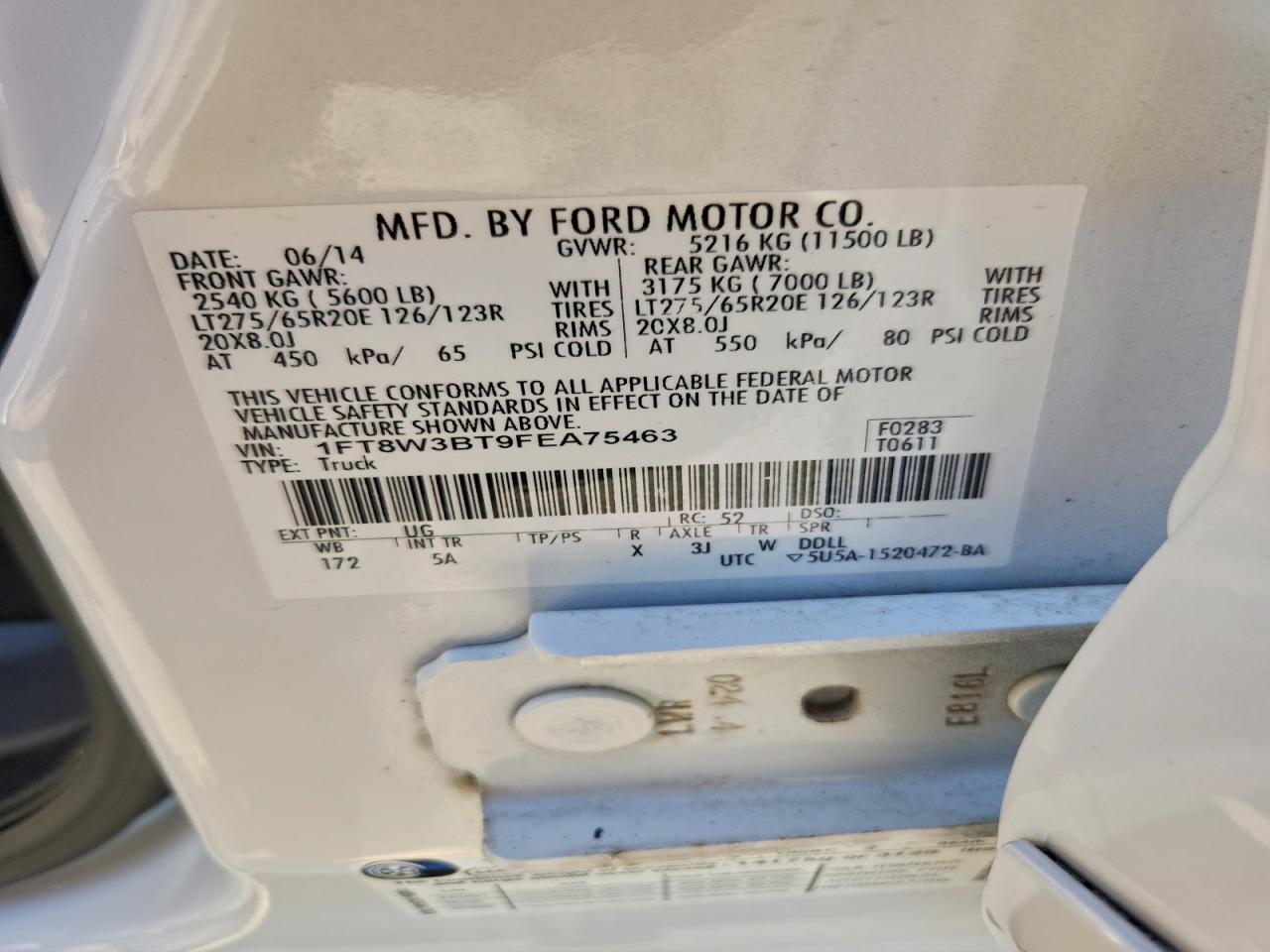 2015 Ford F350 Super Duty VIN: 1FT8W3BT9FEA75463 Lot: 93686255