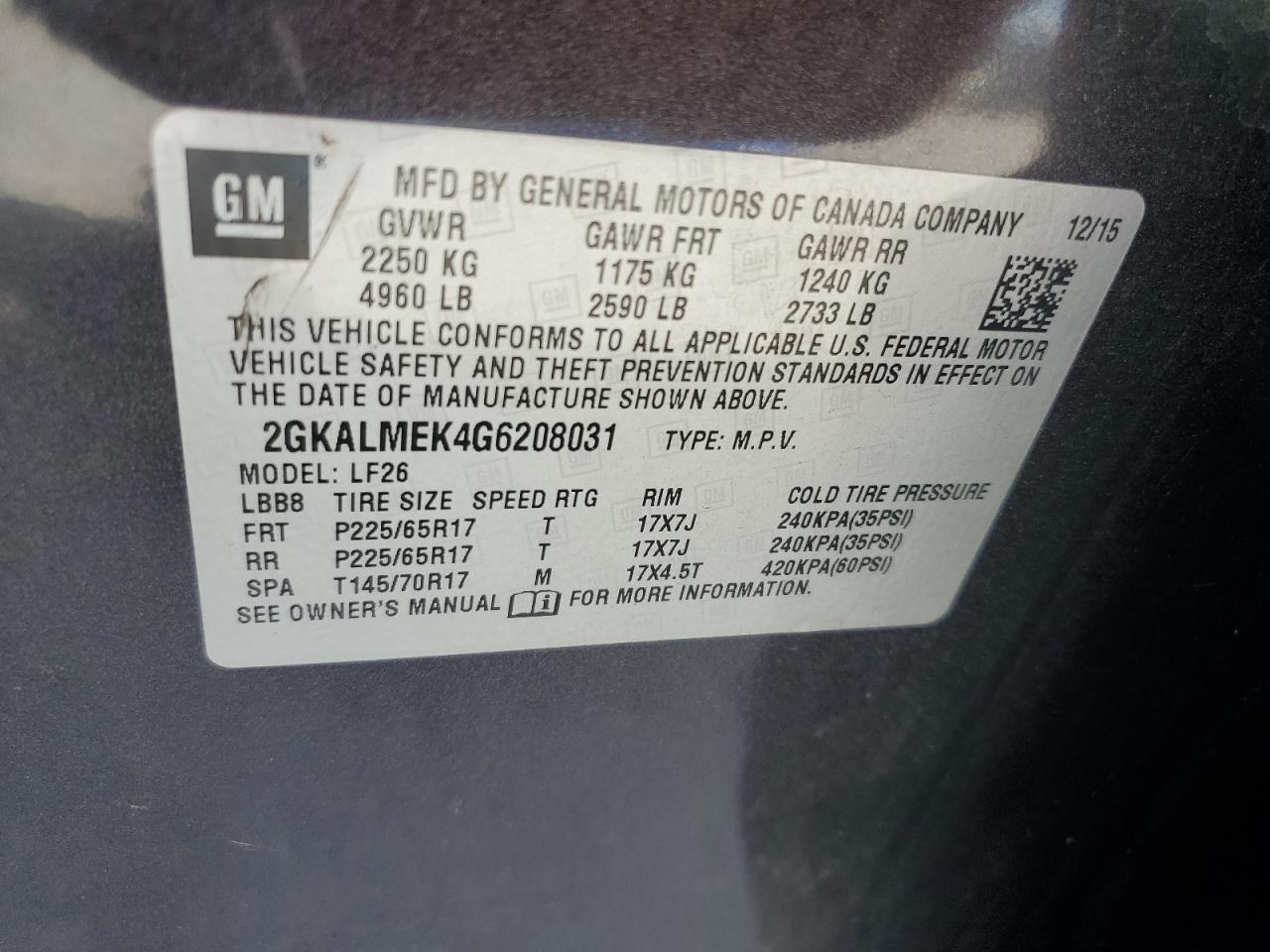 2016 GMC Terrain Sle VIN: 2GKALMEK4G6208031 Lot: 91011895