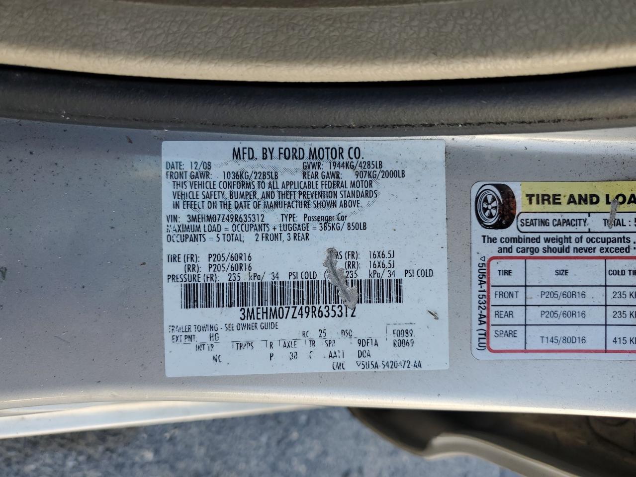 2009 Mercury Milan VIN: 3MEHM07Z49R65312 Lot: 91185345