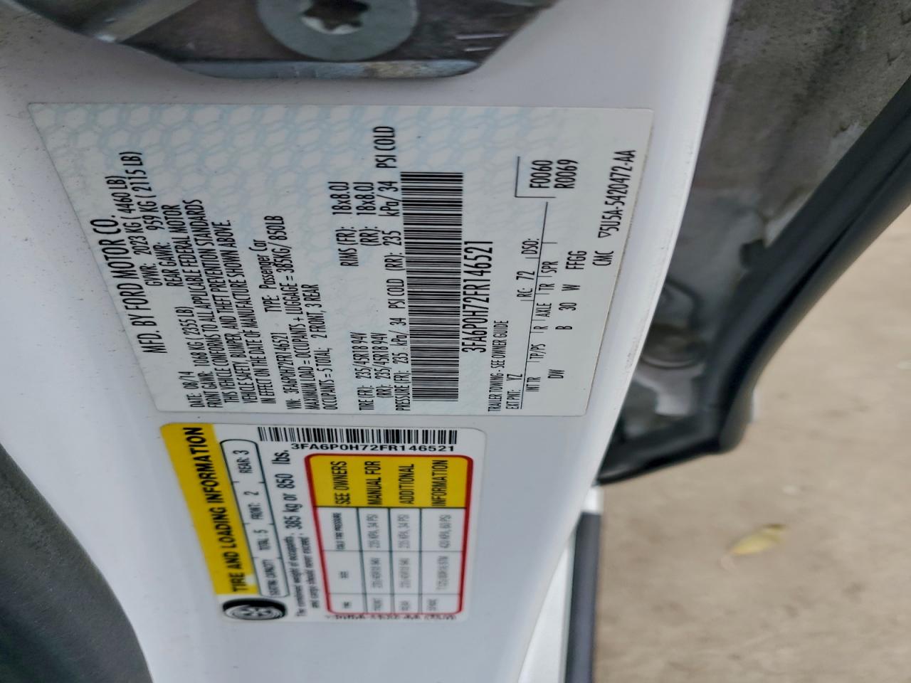 2015 Ford Fusion Se VIN: 3FA6P0H72FR146521 Lot: 94312555