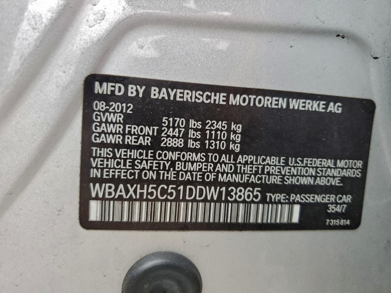 2013 BMW 528 Xi VIN: WBAXH5C51DDW13865 Lot: 93817195