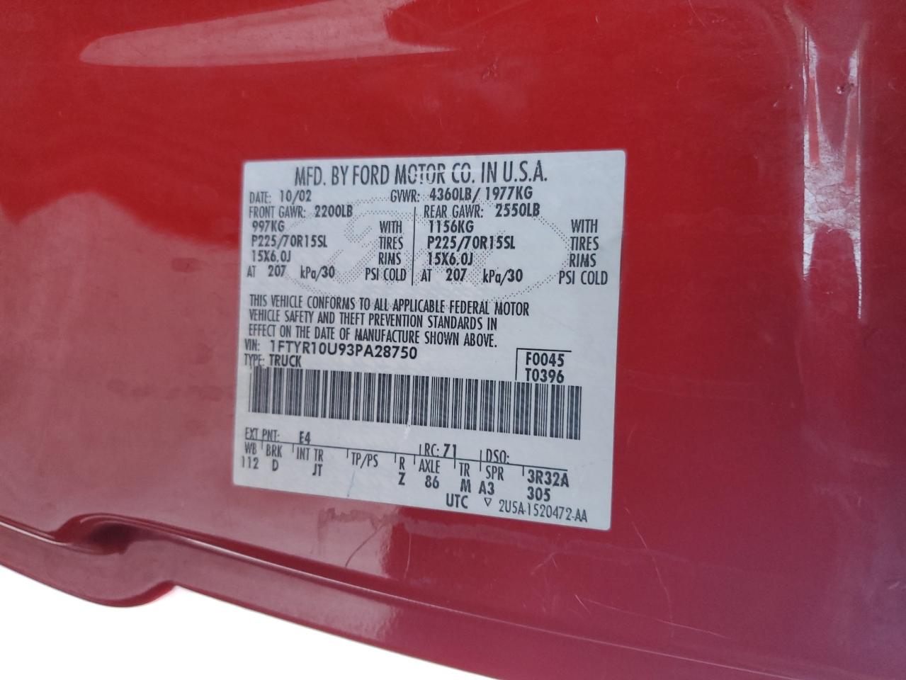 2003 Ford Ranger VIN: 1FTYR10U93PA28750 Lot: 91870305