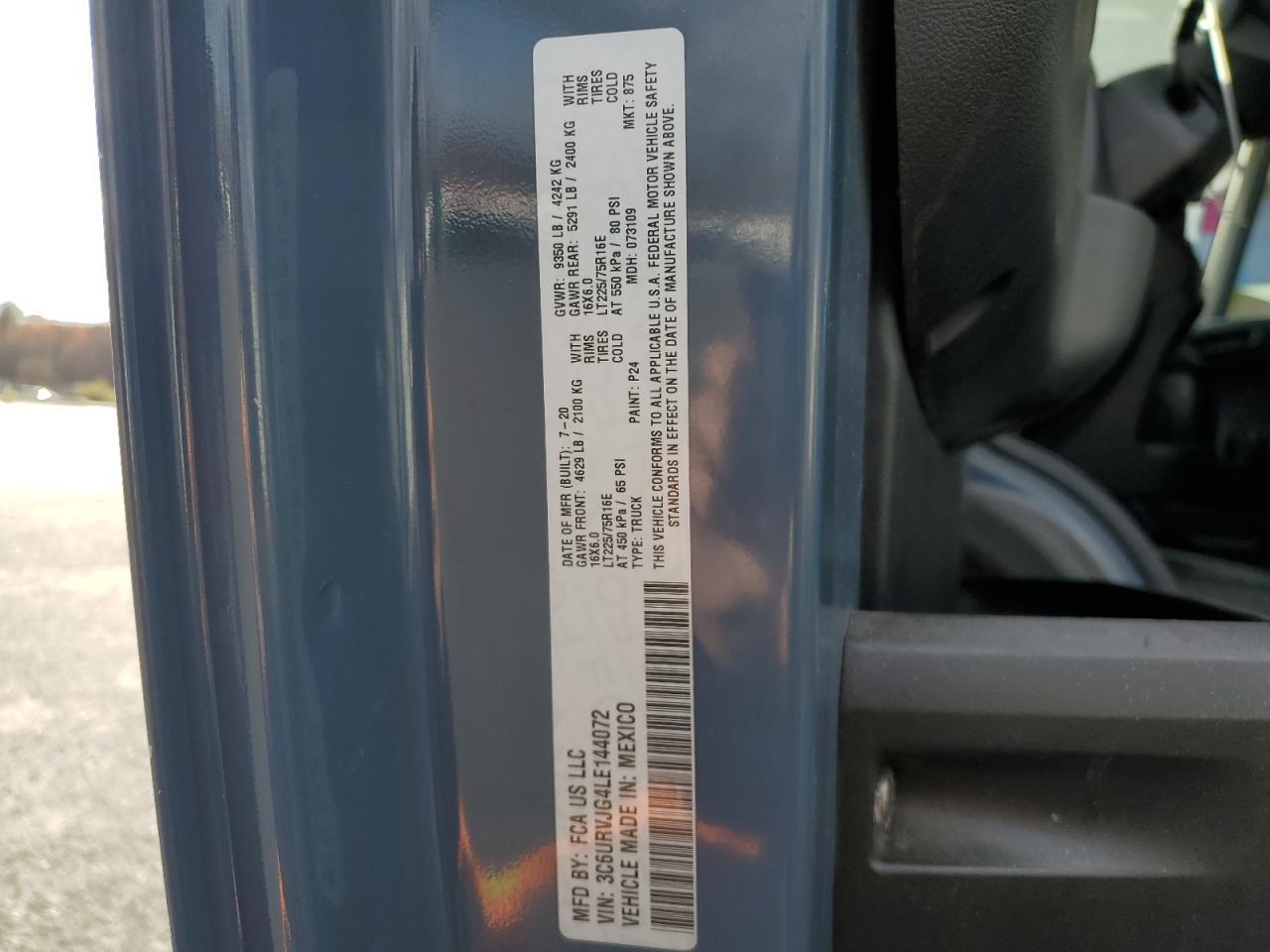 2020 Ram Promaster 3500 Delivery Van VIN: 3C6URVJG4LE144072 Lot: 90797095