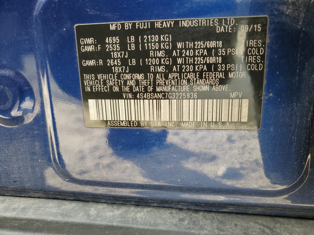 2016 Subaru Outback 2.5I Limited VIN: 4S4BSANC7G3225936 Lot: 93040345