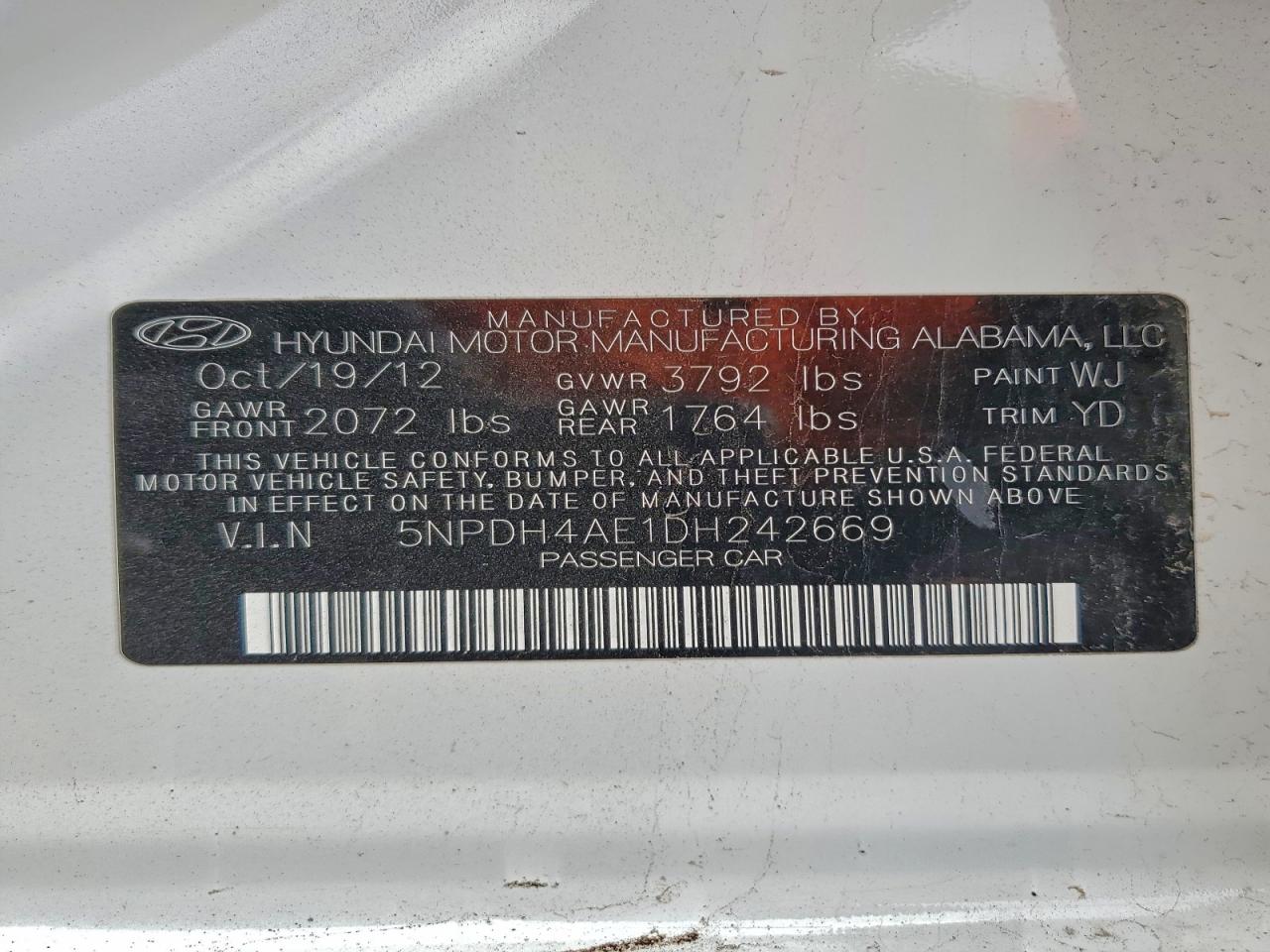 2013 Hyundai Elantra Gls VIN: 5NPDH4AE1DH242669 Lot: 94524375