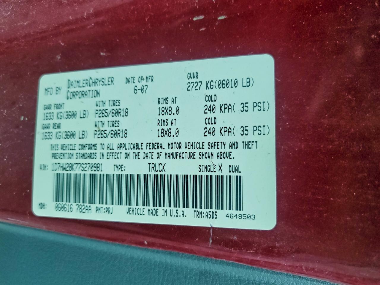 2007 Dodge Dakota Quad VIN: 1D7HW28K77S270981 Lot: 93643205