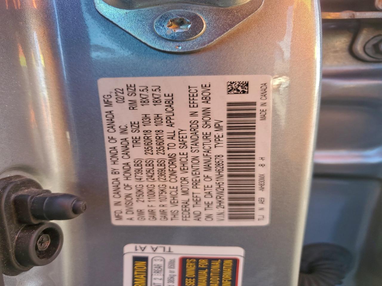 2022 Honda Cr-V Ex VIN: 2HKRW2H51NH628578 Lot: 94651755