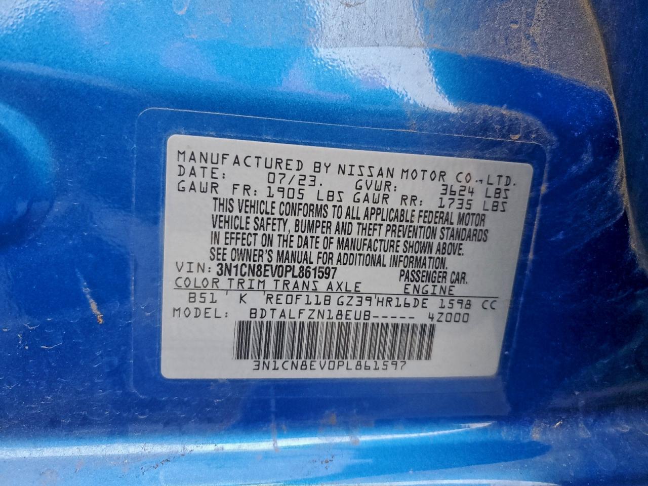 2023 Nissan Versa Sv VIN: 3N1CN8EV0PL861597 Lot: 94515075