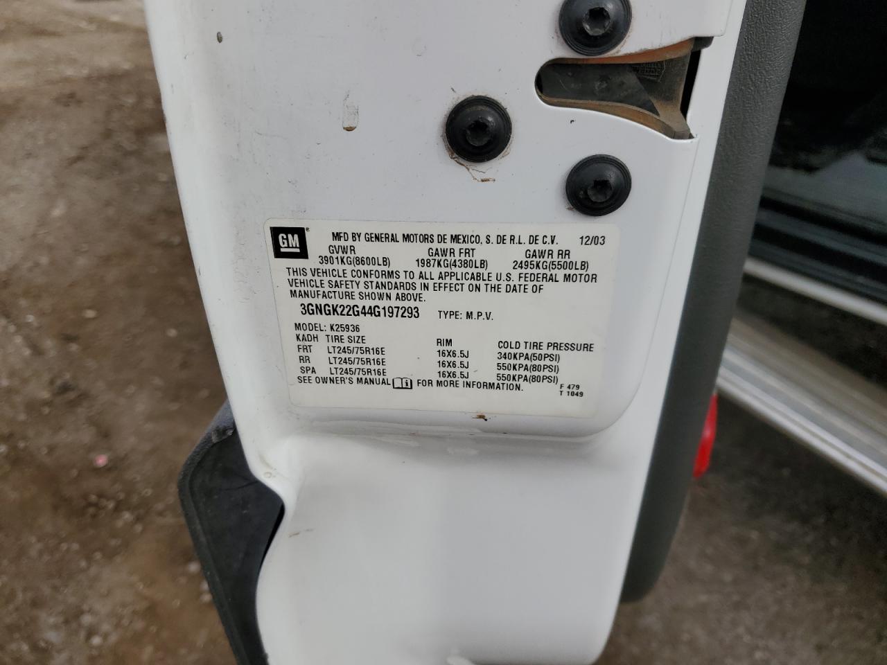 2004 Chevrolet Avalanche K2500 VIN: 3GNGK22G44G197293 Lot: 92730315