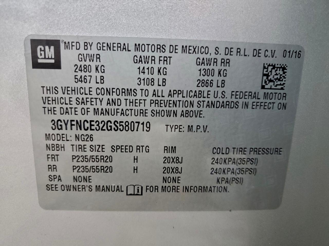 2016 Cadillac Srx Performance Collection VIN: 3GYFNCE32GS580719 Lot: 94485415