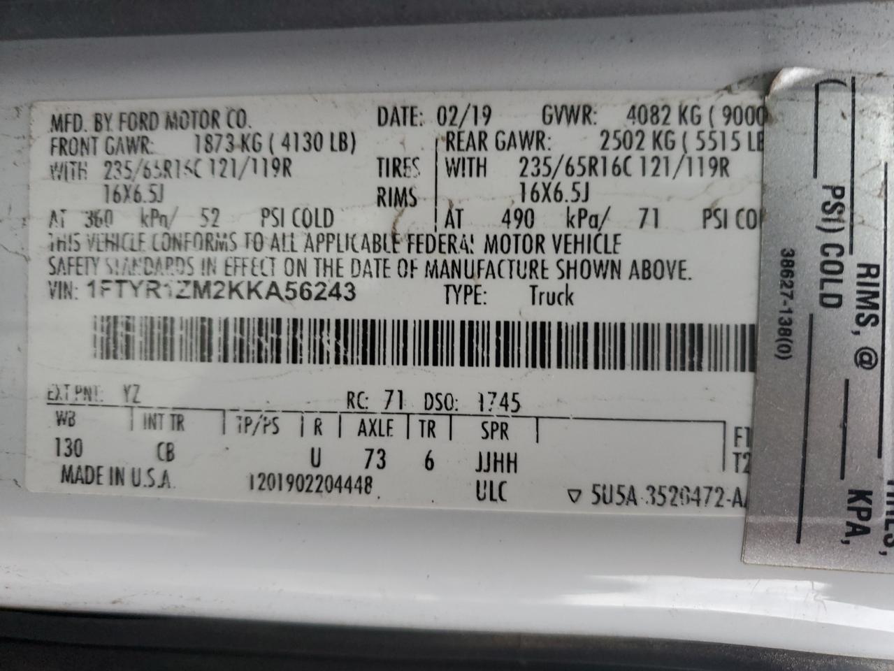 2019 Ford Transit T-250 VIN: 1FTYR1ZM2KKA56243 Lot: 90929655