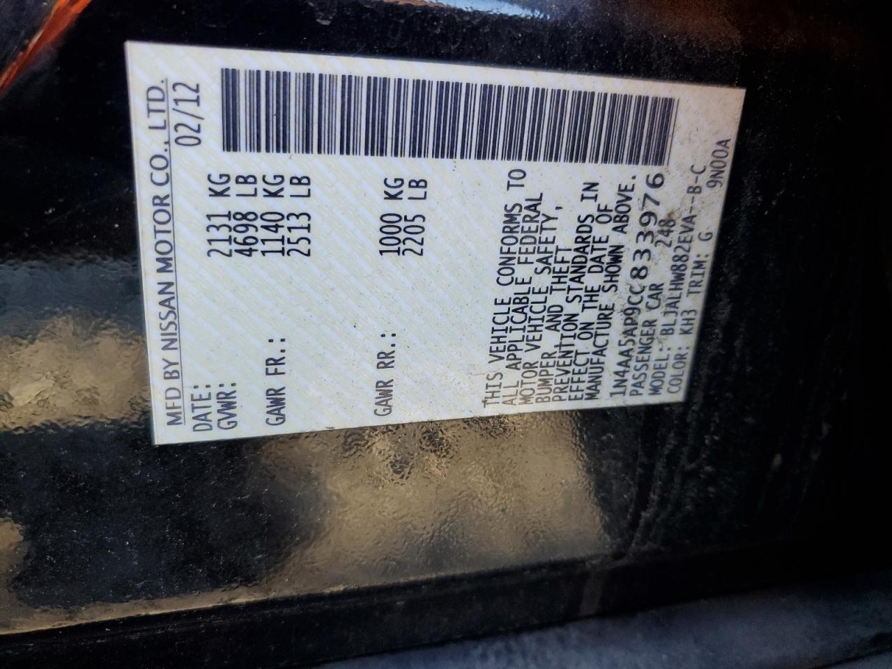 2012 Nissan Maxima S VIN: 1N4AA5AP9CC833976 Lot: 85417015