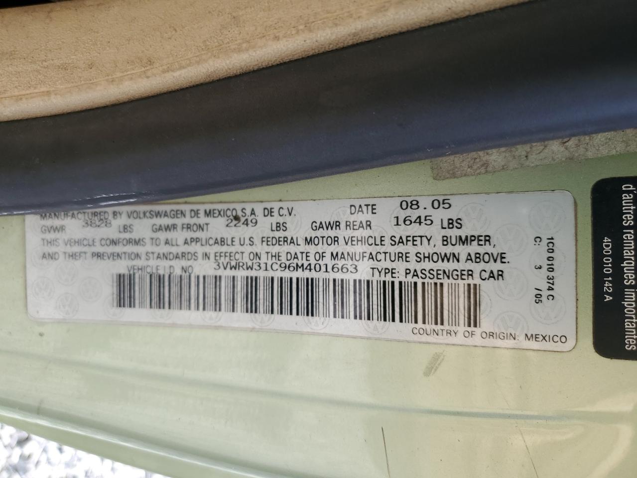 2006 Volkswagen New Beetle 2.5L Option Package 1 VIN: 3VWRW31C96M401663 Lot: 93713655