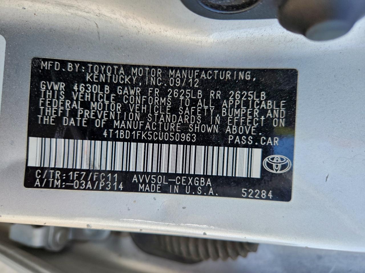 2012 Toyota Camry Hybrid VIN: 4T1BD1FK5CU050963 Lot: 93938795