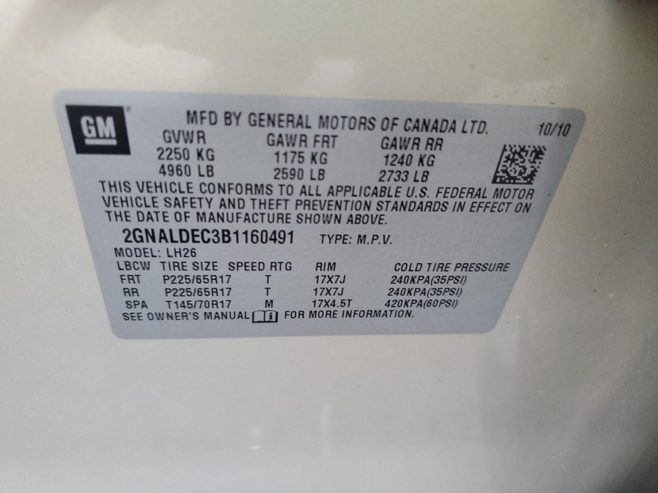 2011 Chevrolet Equinox Lt VIN: 2GNALDEC3B1160491 Lot: 93073305