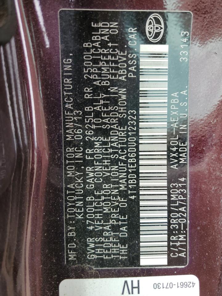 2013 Toyota Avalon Hybrid VIN: 4T1BD1EB6DU012323 Lot: 91171255