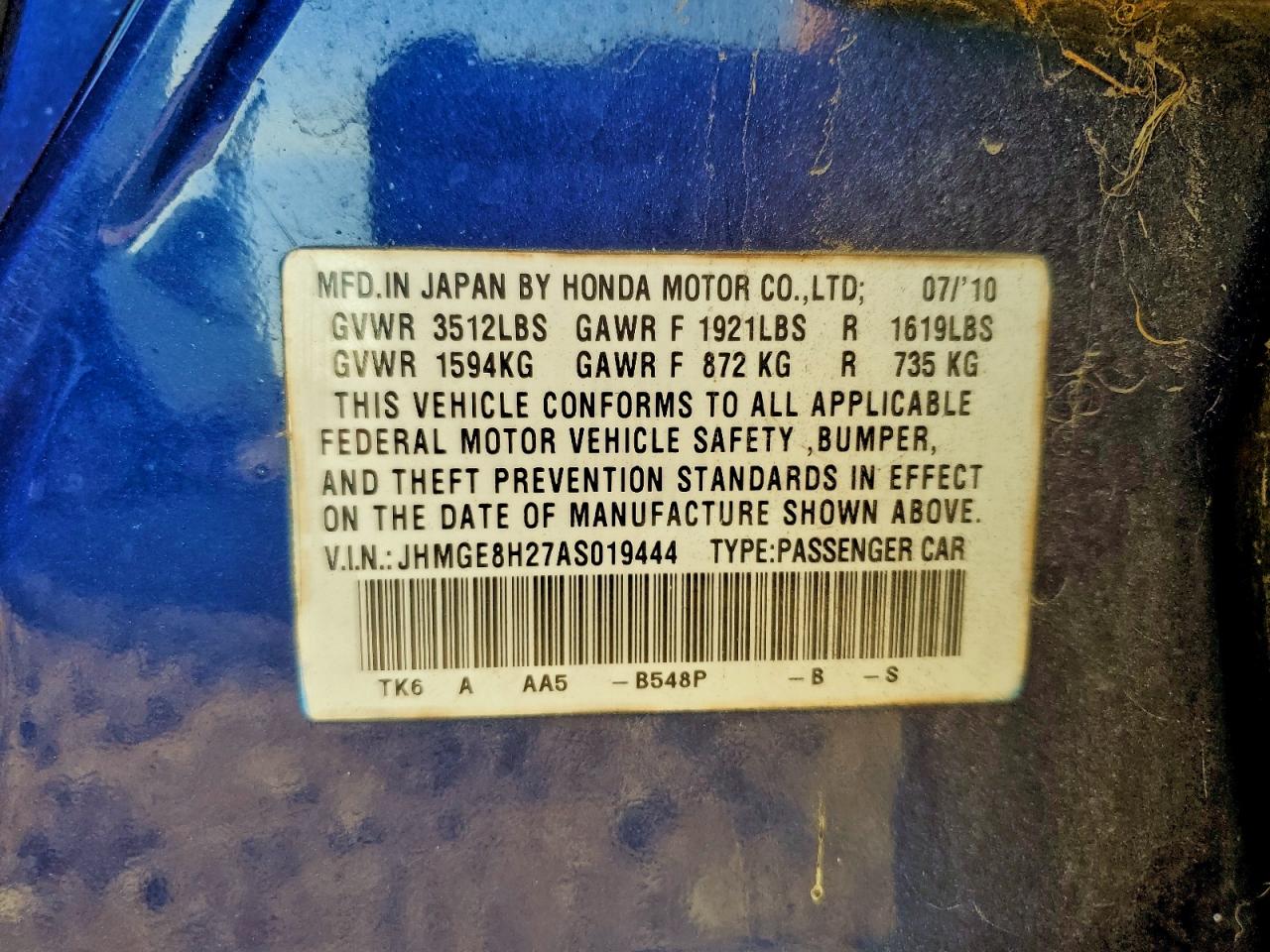 2010 Honda Fit VIN: JHMGE8H27AS019444 Lot: 94459095