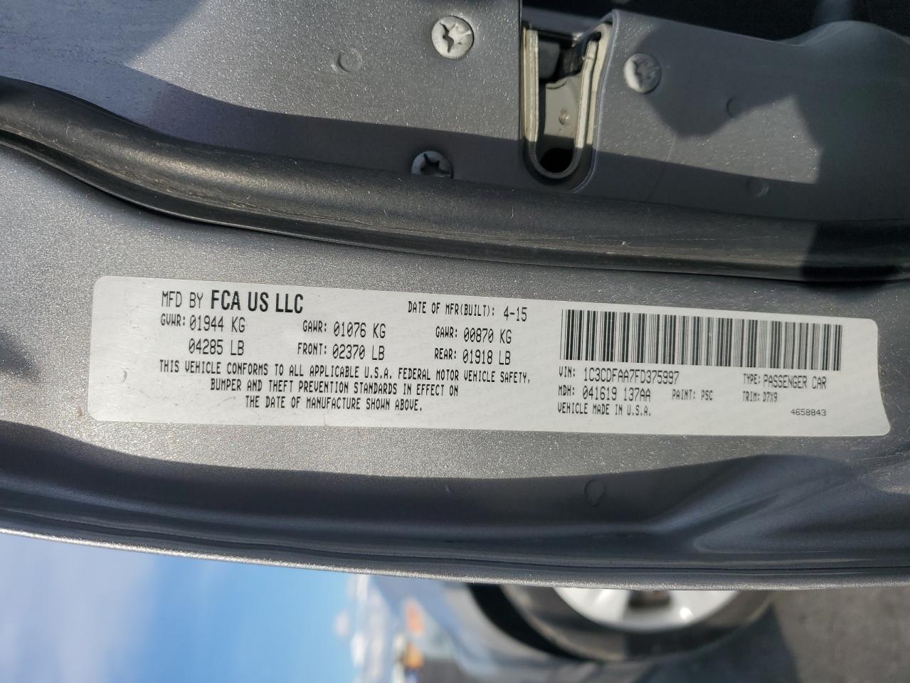 2015 Dodge Dart Se VIN: 1C3CDFAA7FD375997 Lot: 93535905