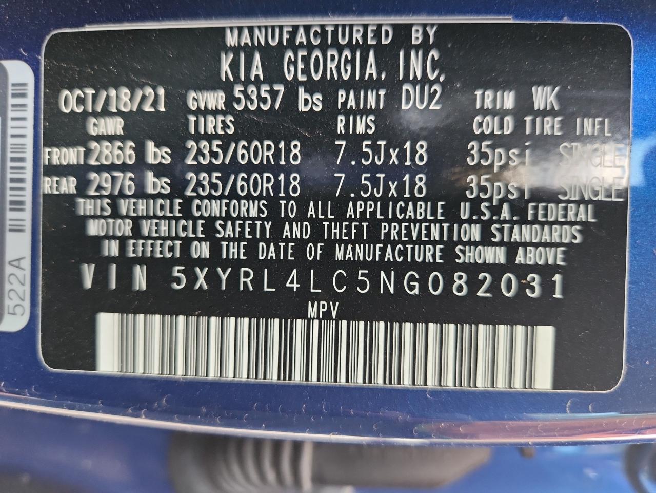 2022 Kia Sorento S VIN: 5XYRL4LC5NG082031 Lot: 91639705