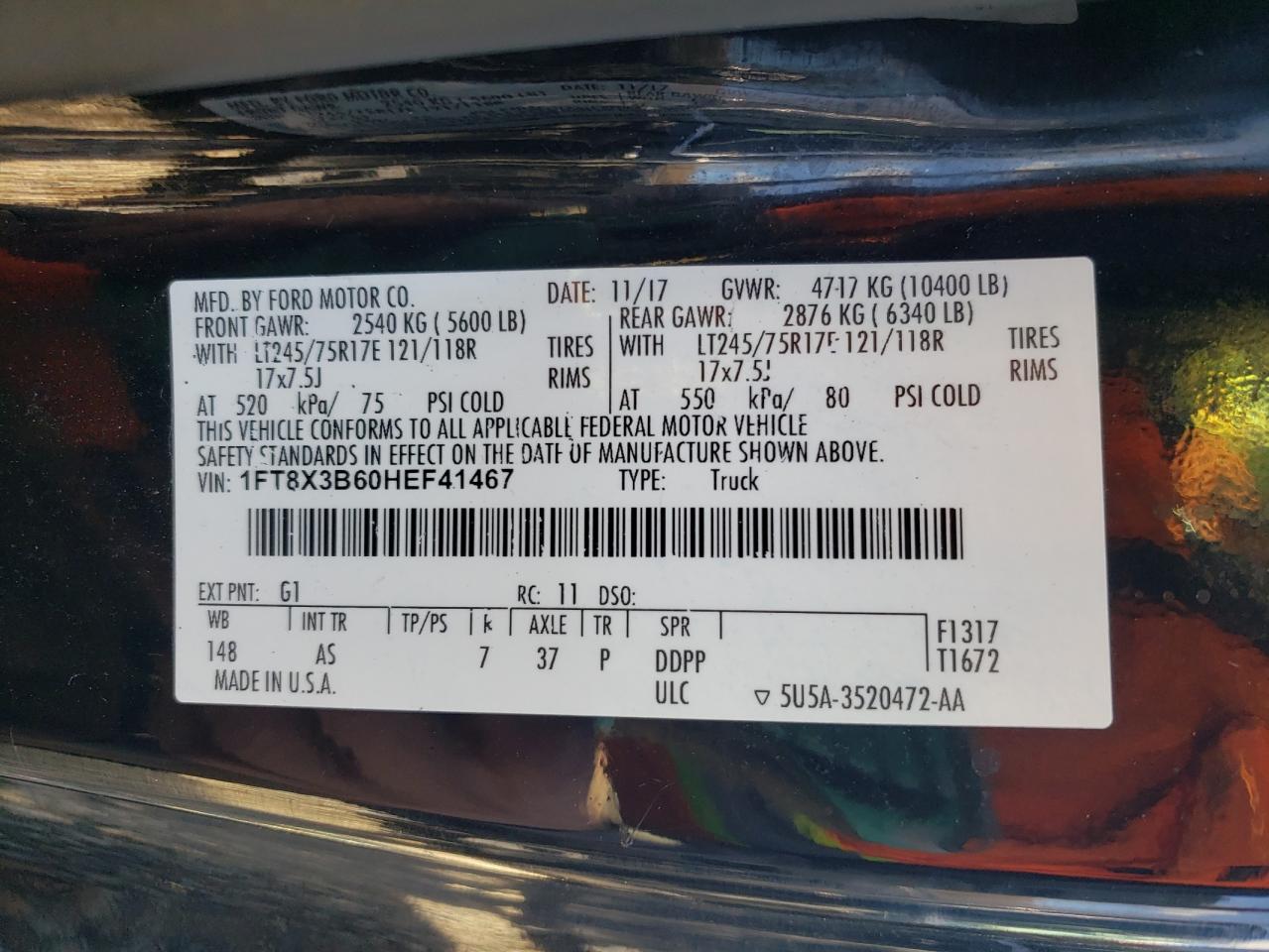 2017 Ford F350 Super Duty VIN: 1FT8X3B60HEF41467 Lot: 82750115