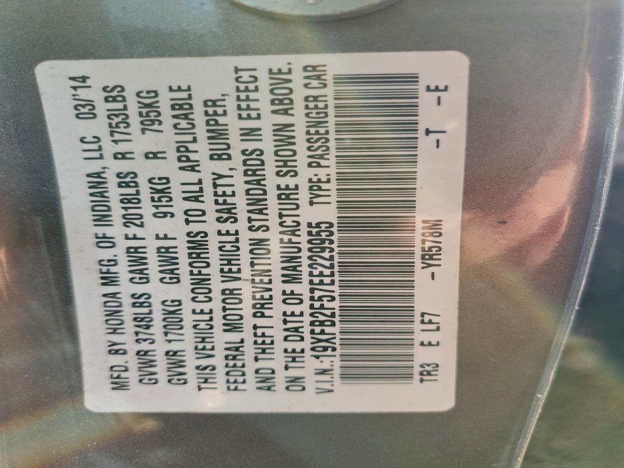 2014 Honda Civic Lx VIN: 19XFB2F57EE229955 Lot: 93990765