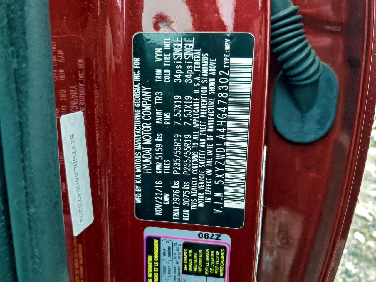 2017 Hyundai Santa Fe Sport VIN: 5XYZWDLA4HG478302 Lot: 94281765