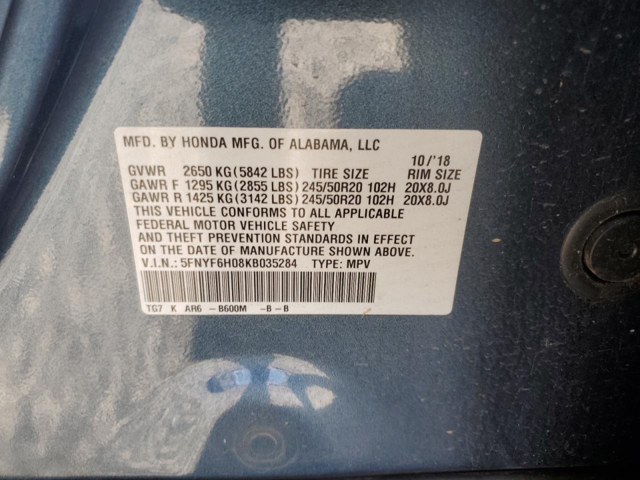 2019 Honda Pilot Elite VIN: 5FNYF6H08KB035284 Lot: 90591555