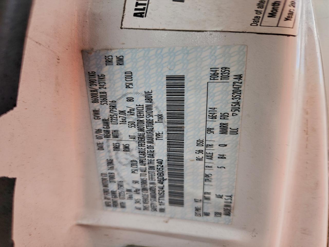 2006 Ford Econoline E250 Van VIN: 1FTNS24L46DB05240 Lot: 94272095