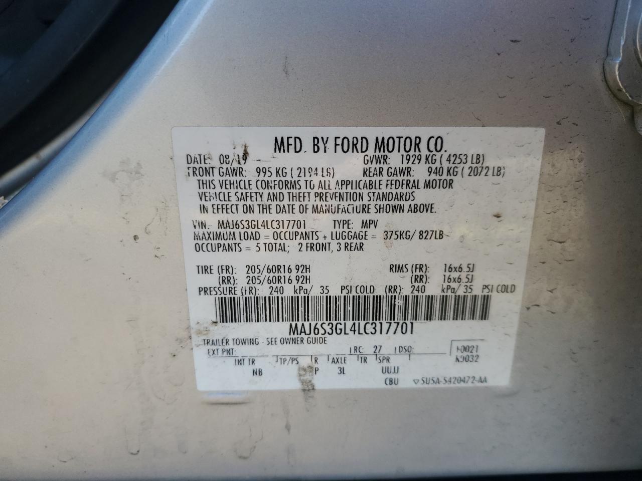 2020 Ford Ecosport Se VIN: MAJ6S3GL4LC317701 Lot: 91198135