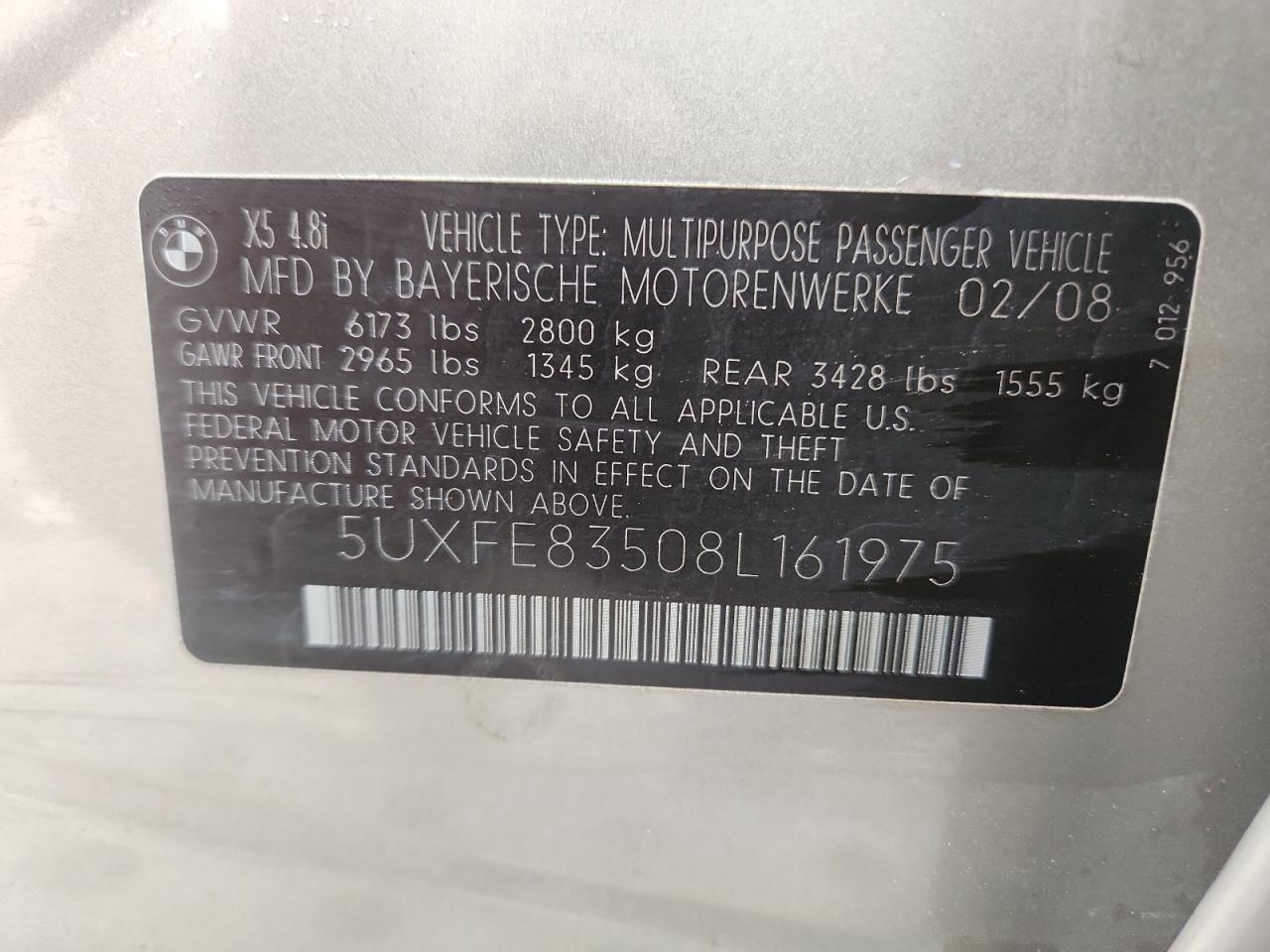 2008 BMW X5 4.8I VIN: 5UXFE83508L161975 Lot: 91245945