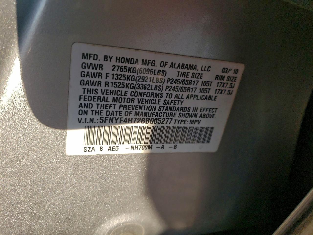 2011 Honda Pilot Exln VIN: 5FNYF4H72BB005277 Lot: 94445325