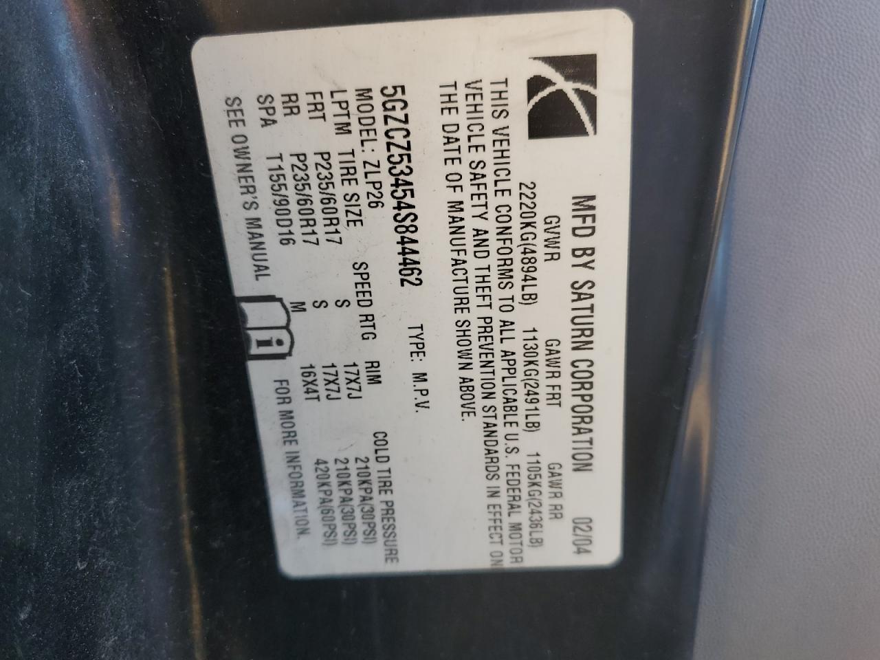 2004 Saturn Vue VIN: 5GZCZ53454S844462 Lot: 92428365