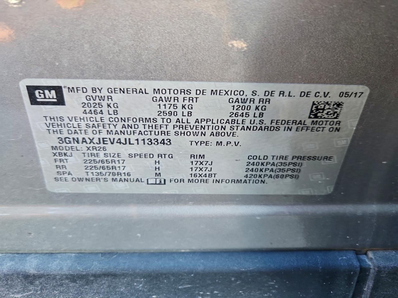 2018 Chevrolet Equinox Lt VIN: 3GNAXJEV4JL113343 Lot: 94462745