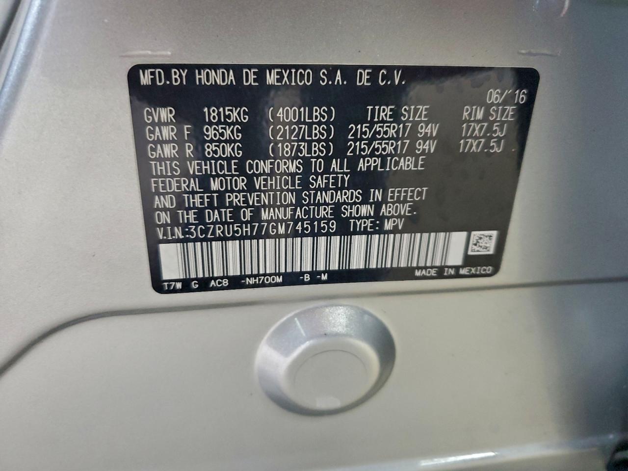 2016 Honda Hr-V Exl VIN: 3CZRU5H77GM745159 Lot: 94053325