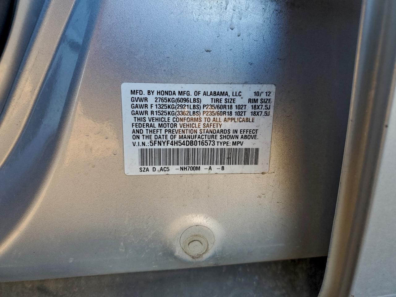 2013 Honda Pilot Exl VIN: 5FNYF4H54DB016573 Lot: 94295755