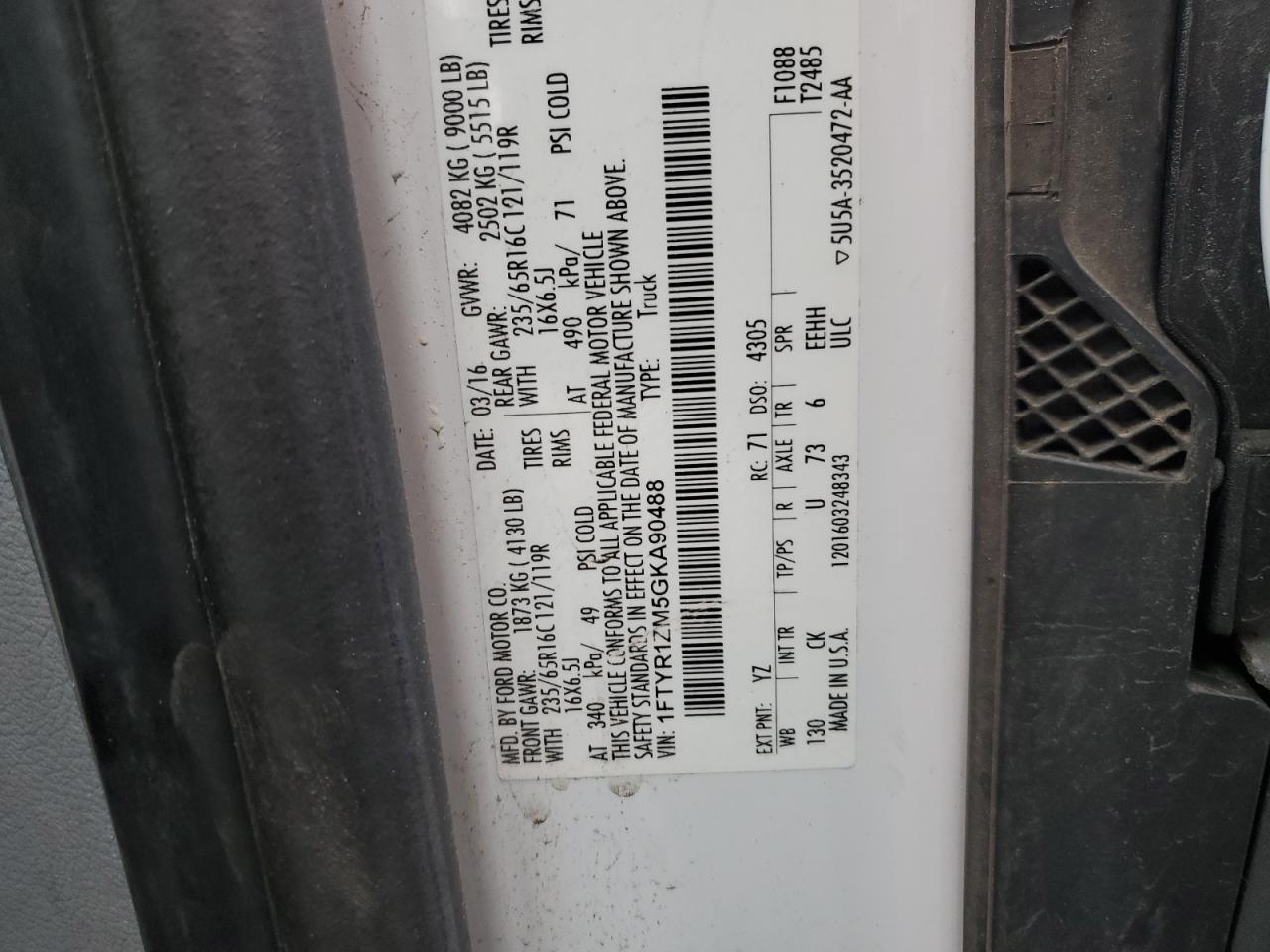 2016 Ford Transit T-250 VIN: 1FTYR1ZM5GKA90488 Lot: 91284635