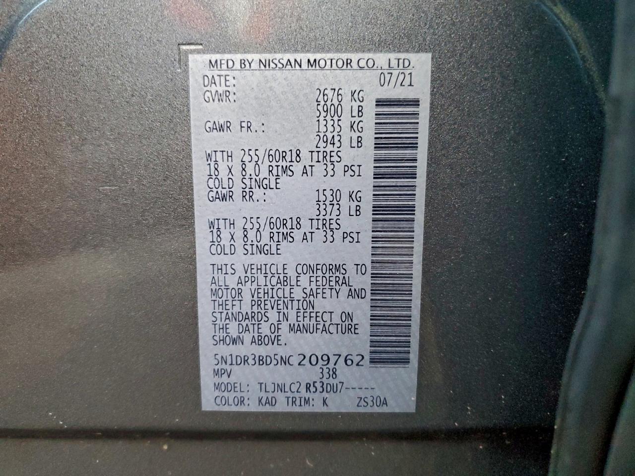 2022 Nissan Pathfinder Sv VIN: 5N1DR3BD5NC209762 Lot: 94703425